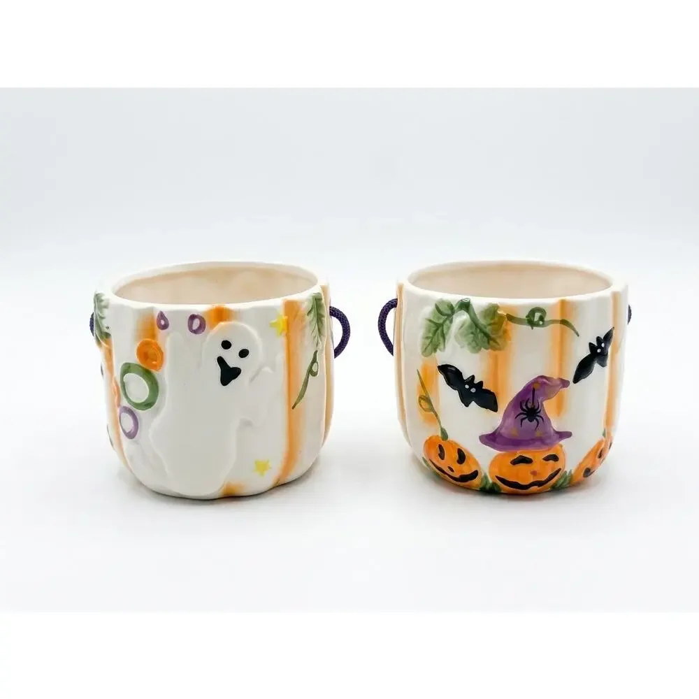 Set of 2 Royal Norfolk Halloween Ceramic Buckets Pots Candy Dishes Rope Handles